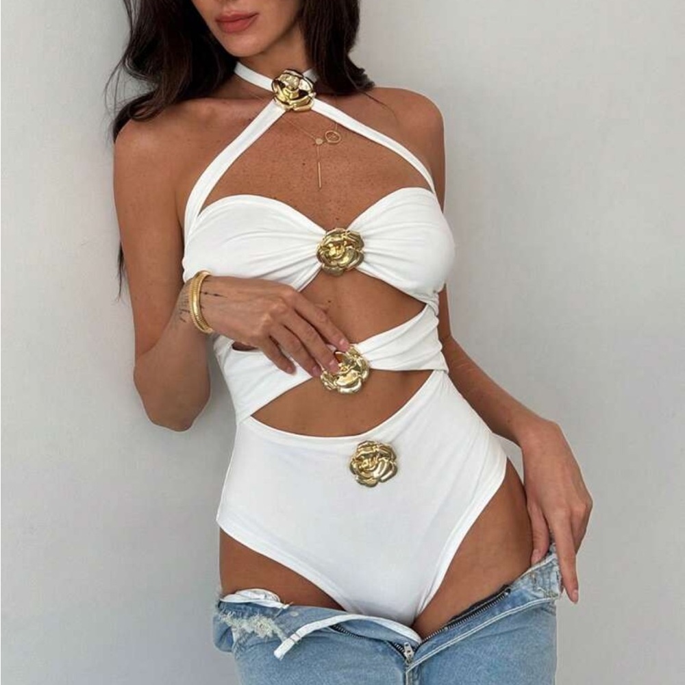 White Cutout Swimsuit with Gold Accents